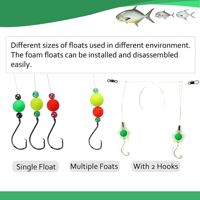 Dovesun 220/104/80/60/54/52/42pcs Pompano Rig Floats for Surf Fishing Foam Bobbers for Fishing Fly Fishing Bobbers Floats Bright Color Kit/Round/Cylindrical/Heart/Bullet/Pill/Spin Shape