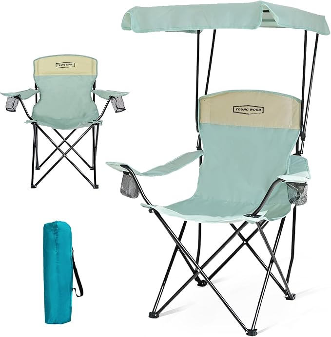 YOUNG WOOD Portable Camping Chair Beach Chair with Shade Canopy, Fold Lightweight Oversized for All, Easy to Open and Close Without Installation, Side Pocket Design for All Outdoor Activities, Blue