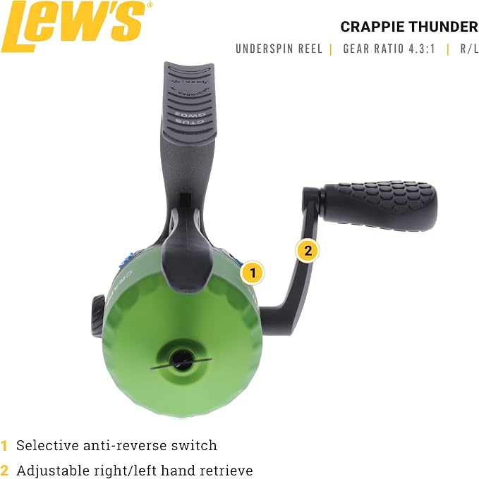 Lew's Crappie Thunder Underspin Fishing Reel, 4.3:1 Gear Ratio, Right or Left-Hand Retrieve, Crappie Thunder Green