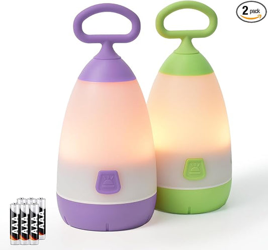 2-Pack Kids Camping Lantern & Night Light, Battery Powered, 360° Eye-Safe Light, IPX4 Waterproof RGB Portable for Slumber Party (Purple & Green, 6× AAA Included)