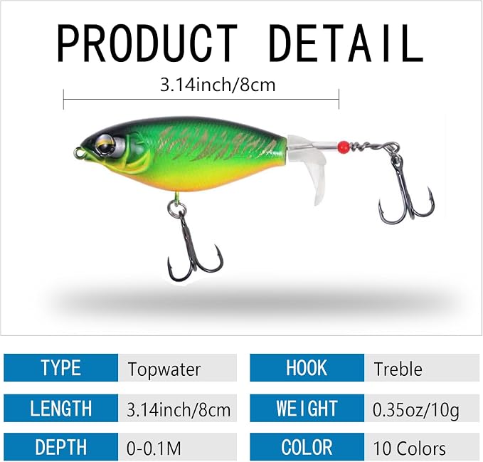 10PCS Top Water Fishing Lures Whopper Fishing Lure for Bass, Popper Fishing Lures with Floating Rotating Tail One Luminous Saltwater and Freshwater Plopping Lures for Bass