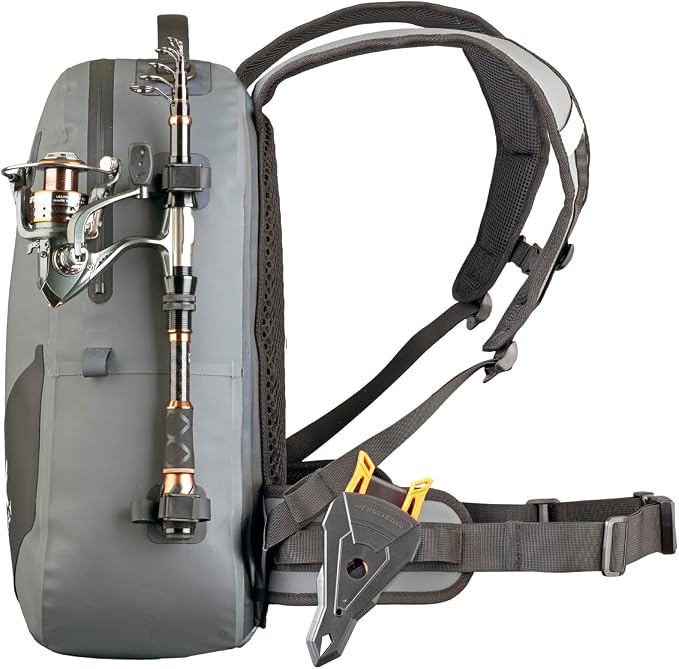 Xelfly - Waterproof Fishing Backpack with Rod Holder, Inflatable Air Valve, Padded Waist Straps & Gear Loops - Submersible Zipper, Rugged Top Handle, Adjustable Attachments (Gray)