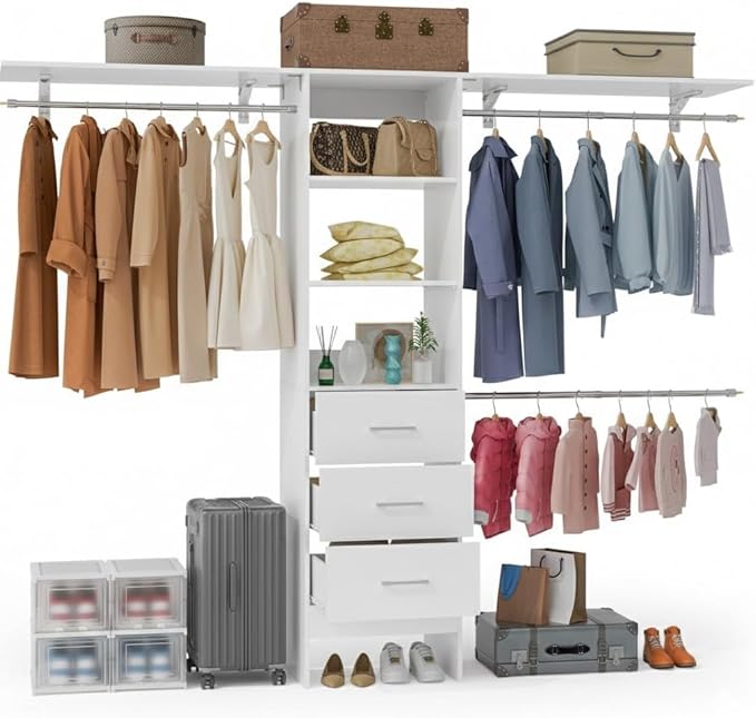 Walk in Closet Organizer System - with 3 Extendable Hanging Rods, Built-in Garment Rack with 6 Shelves, Wall Mounted Clothes Organizers Storage Systems for Bedroom