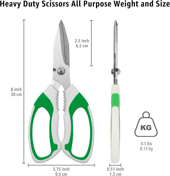 BoFuYuan 8-Inch Utility Scissors All Purpose Heavy Duty, Serrated Blade, Green Comfort Grip for Cutting Carpet, Cardboard, Leather, Fabric, Multipurpose Sharp Shears for Kitchen, Garden, Office, Carft