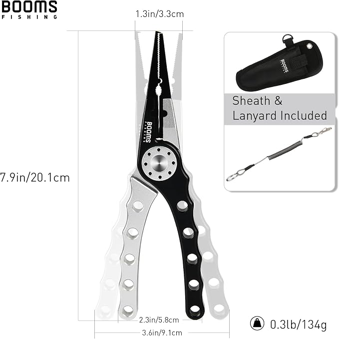 Booms Fishing X1 Aluminum Fishing Pliers Saltwater, Surf Fishing Tackle Kit, Fishing Multitool Hook Remover Braided Fishing Line Cutting and Split Ring with Coiled Lanyard and Sheath
