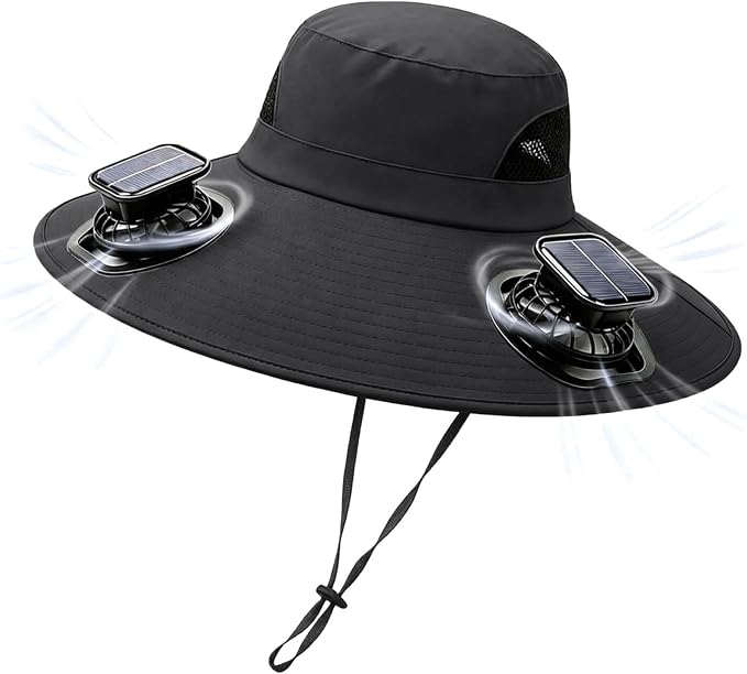 Solar Powered Fan Hat for Men Women Wide Brim Hat with 2 Fans UPF 50+ Outdoor Fishing Beach Sun Hat