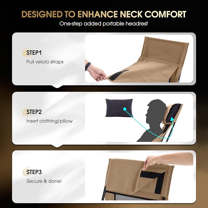 MOON LENCE Oversized High Back Camping Chair for Adults, Height Adjustable Folding Camp Chair | 400 lbs Capacity & 5.4 lbs Weight, Hidden Pillow Pocket Wide Seat for Camping Fishing Overlanding, Khaki