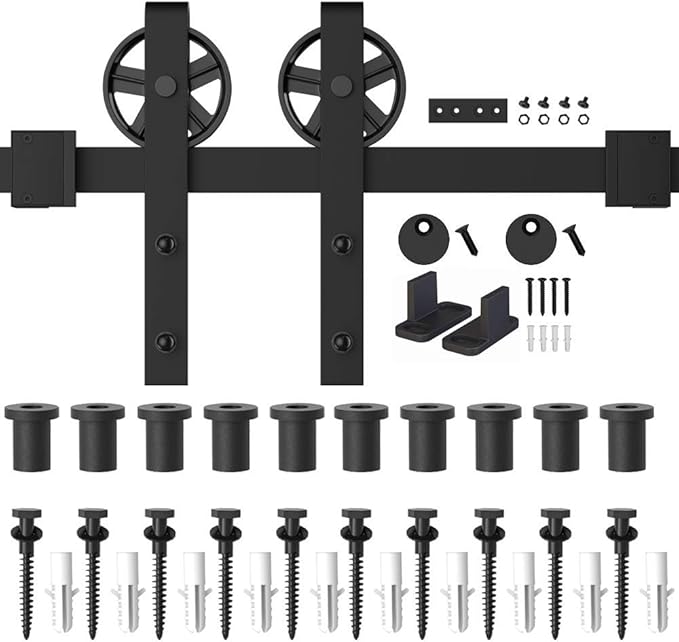 WINSOON 5-16FT Single Wood Sliding Barn Door Hardware Basic Black Big Spoke Wheel Roller Kit Garage Closet Carbon Steel Flat Track System (14FT)