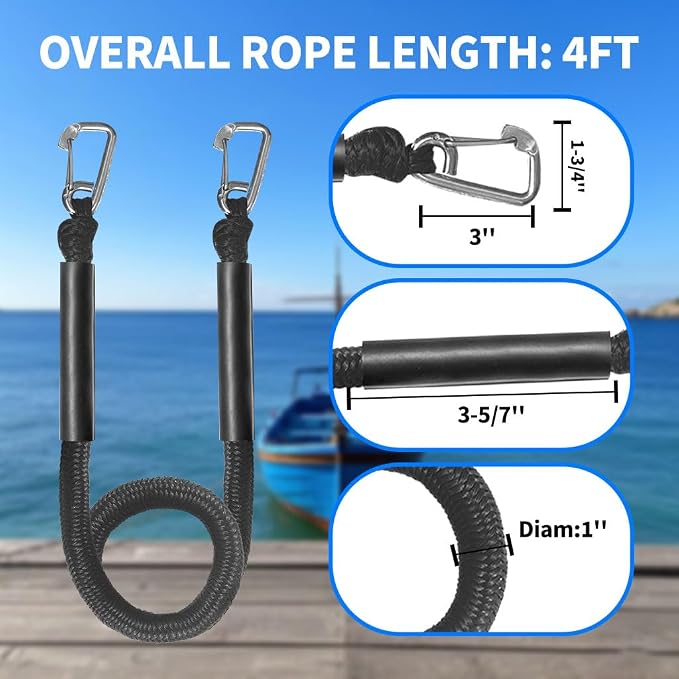Bungee Boat Dock Line, Boat Rope with Double 316 Stainless Steel Clips Accessories for Bass Boat, Kayak, Pontoon, Watercraft, Waverunner, SeaDoo, Canoe,2Packs,4-6FT,Black