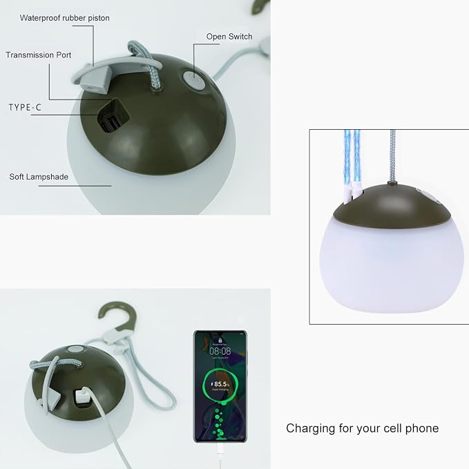 Outdoor Camping Lantern with Atmosphere Decoration Light Round 3 Levels of Brightness Adjustment Hook Design Table Lamp Long Lasting for Emergency Tent Fishing