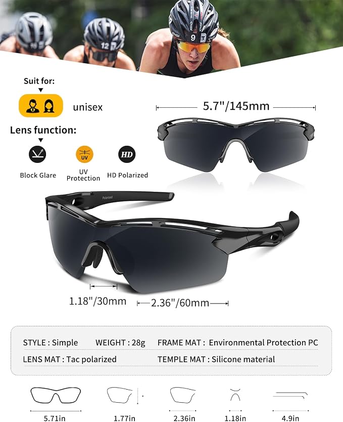 Rosemal Sports Sunglasses Polarized Cycling Sunglasses Running Driving Fishing Hiking for Men Women UV400 TAC TR90