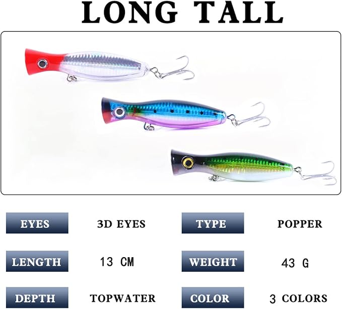 Popper Fishing Lure Set, 3 PCS Topwater Popper Lures 3D Eyes Fishing Accessories for Saltwater Surface Casting and Freshwater Fishing Gt Tuna Kingfish Large Predator Fish (5.11in, 1.48Oz)