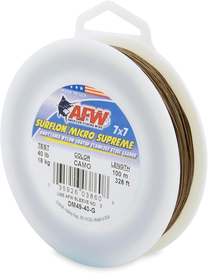 American Fishing Wire Surflon Micro Supreme Nylon Coated 7x7 Stainless Steel Leader Wire - Knottable Wire Leaders for Fishing Saltwater, Fly Fishing, 13lb Test - 90lb Test, Bright, Black & Camo Colors