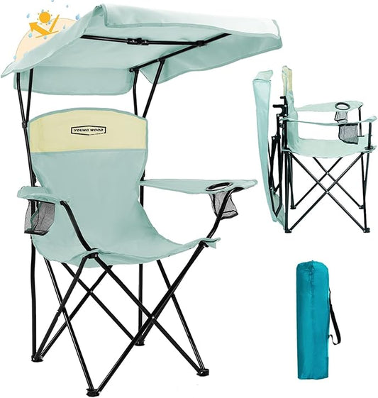YOUNG WOOD Camping Chair with Canopy, Beach Chair with Shade,Portable,Lightweight Oversized for All, Easy to Open and Close Without Installation, Side Pocket Design for All Outdoor Activities，Blue