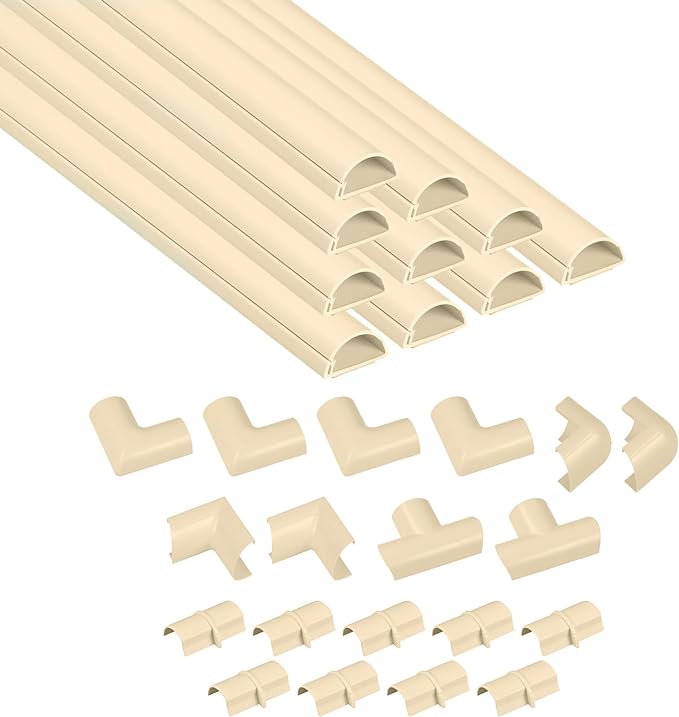 D-Line 157in Cord Cover Kit, Self-Adhesive Wire Hiders, Paintable Cable Raceway to Hide Wires on Wall, Electrical Cable Management - 10x 15.7 Lengths & 19 Accessories - 1.18" (W) x 0.59" (H) - Beige