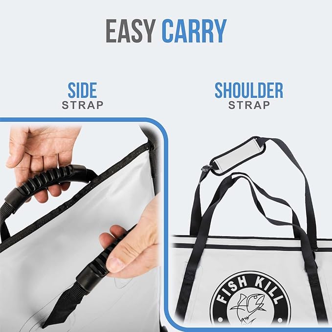 Insulated Fish Cooler Bag - Waterproof Leakproof PVC fishing Kill Bag with Carry Handles - Portable Fishing Cooler heavy bag for Boat & Kayak Use