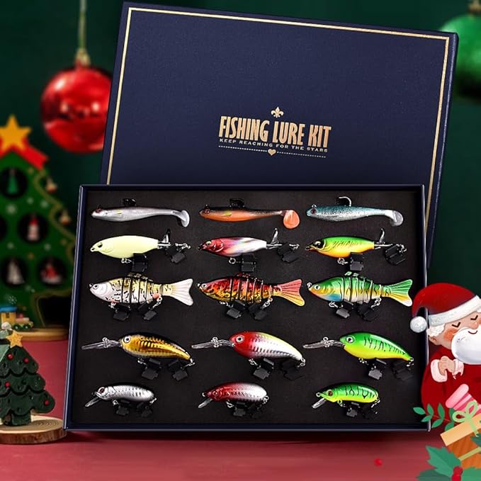 Fishing Lures Kit for Men, 15PCS Bass Fishing Lures Gift Set with Premium Gift Box, Hard & Soft Baits for Bass Trout Pike Salmon, Freshwater & Saltwater Fishing Gear Gifts
