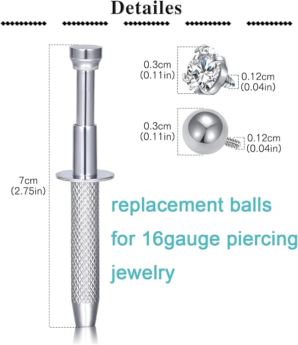 QWALIT Piercing Taper Threadless Insertion Tool - Titanium Labret Pin 16g, 18g, 20g