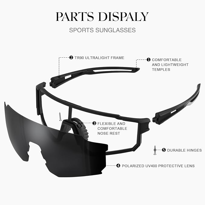 Polarized Sport Sunglasses for Men and Women, Lightweight TR90 Sun Glasses with UV Protection for Cycling Running