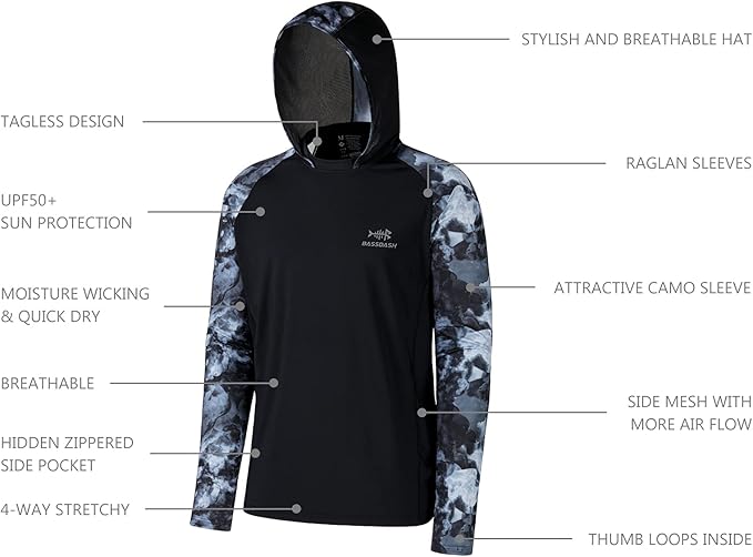 BASSDASH Men’s UPF 50 Performance Fishing Shirt Cooling Hoodie Camo Long Sleeve FS17M