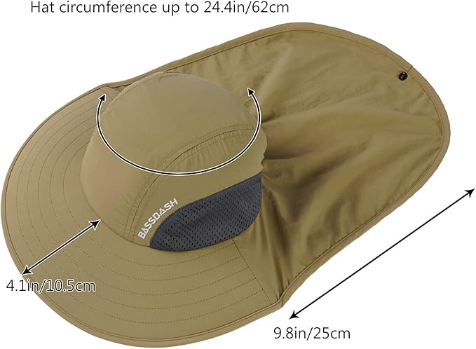 BASSDASH UPF 50+ Unisex Water Resistant Wide Brim Sun Hat with Large Neck Flap Ponytail Fishing Hat for Men Women