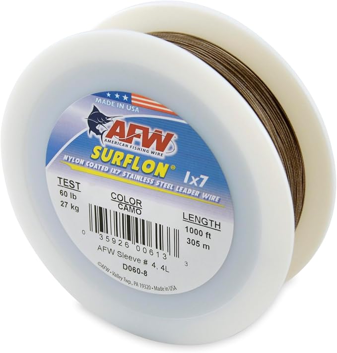 American Fishing Wire Surflon Nylon Coated 1x7 Stainless Steel Wire Leader - Wire Fishing Leader Line for Saltwater 10lb Up To 250lb Test in Bright, Black, Camo in 30ft, 100ft, 300ft, & 1000ft Lengths