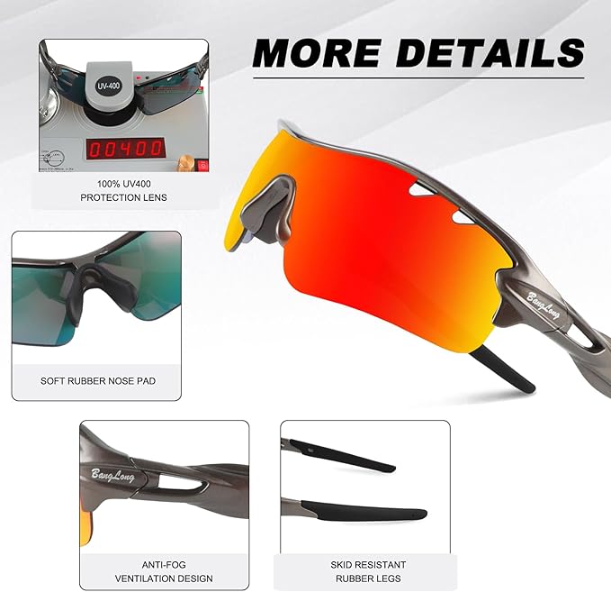 BangLong Polarized Cycling Sunglasses for Men Women, 26g Sports Sunglasses with 5 Lenses for Running Fishing Baseball Driving
