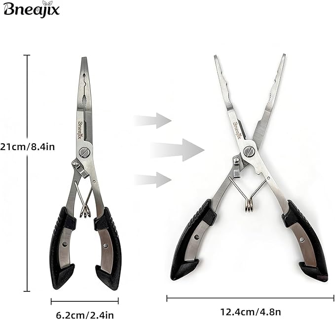 Professional 8.4 Inch Fishing Pliers with Safety Lock, Multi-Function Long Nose Hook Remover, Line Cutter, Crimper, Rustproof Stainless Steel Fishing Tool for Saltwater & Freshwater