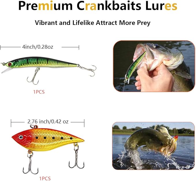 Fishing Lures Kit Set, Baits Tackle Including Crankbaits, Topwater Lures, Spinnerbaits, Worms, Jigs, Hooks, Tackle Box and More Fishing Gear Lures for Bass Trout
