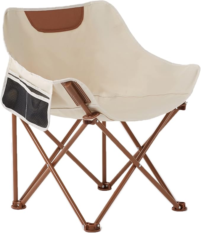 Portable Lightweight Camping Chair, Foldable Chair with Carry Bag and Side Pocket, Compact Outdoor Chair for Camping Essentials Hiking Fishing Beach Picnic (Khaki)