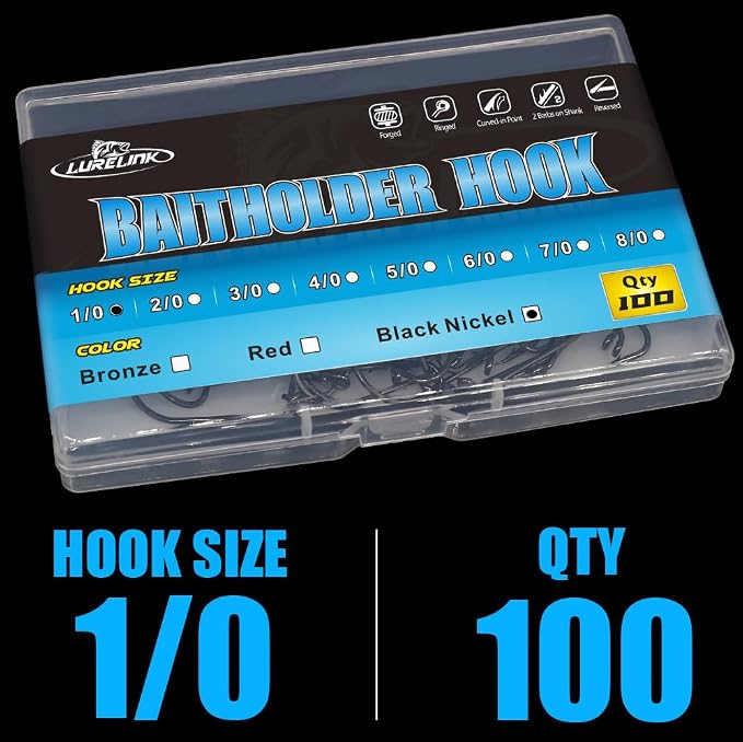 Baitholder Fishing Hooks 100 Pack - Double-Barbed Long Shank for Bluegill Bass Trout Walleye Black/Red, 8/0-#8