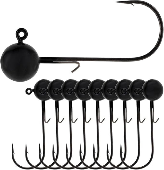 Reaction Tackle Lead Ball Jigs - Soft Plastic Jig Heads with Hook - Bass Walleye Crappie Panfish Redfish - Round Head Design - Freshwater Saltwater - 10-Pack