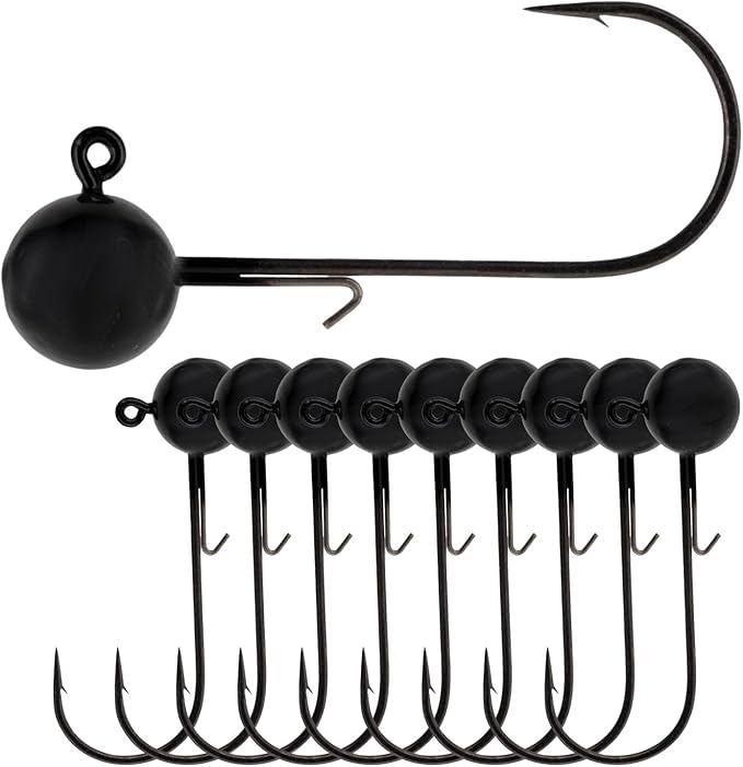 Reaction Tackle Lead Ball Jigs - Soft Plastic Jig Heads with Hook - Bass Walleye Crappie Panfish Redfish - Round Head Design - Freshwater Saltwater - 10-Pack