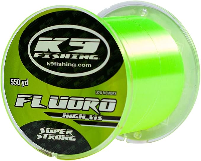 K9 Hi-Vis Fluoro Fishing Line — Ultra Low-Memory, Abrasion Resistant, Long-Casting — Glow Under Black Light, Chartreuse — Virtually Invisible Underwater — Great for Spinning Reels — 550 Yards, 6lb