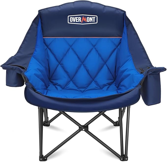 Overmont Oversized XL Camping Chair for Adults - 500lbs Support Heavy-Duty Padded Folding Chair with Side Pocket Cup Holder Cooling Bag for Outdoor Sports Garden Beach Fishing Lawn Blue