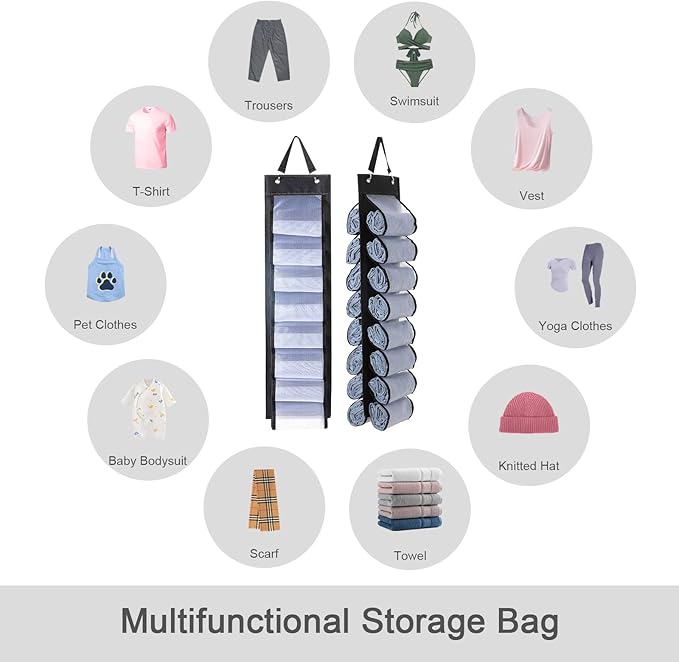 Legging Organizer Storage, T-Shirt Organizer, Foldable Hanging Closet Organizer, Hanging Clothes Organizer with 16 Roll Compartments for Yoga Clothes, Shirt (Black)
