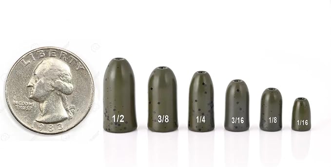 12 Pack Tungsten Bullet Fishing Weights, Insert Free Worm Sinkers, 1/8 3/16 1/4 3/8 1/2 oz