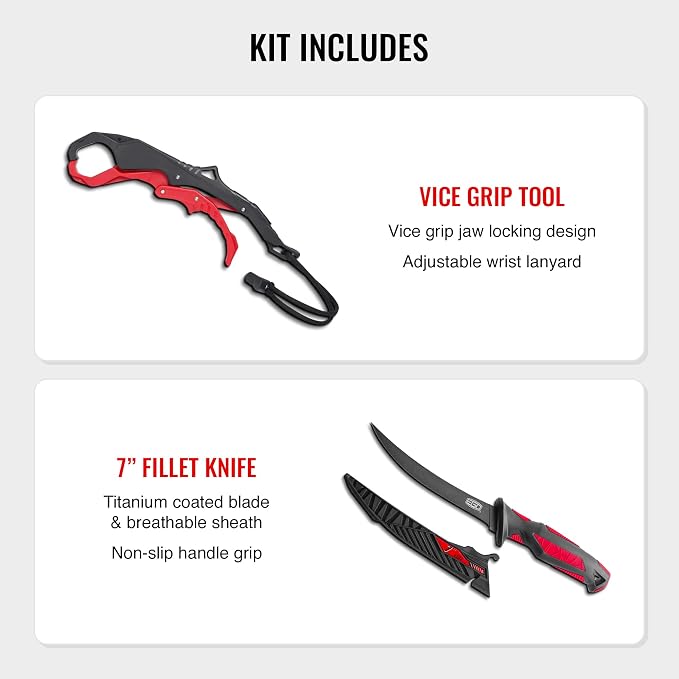 EGO Blackwater Fishing Tool Kit, Compact Pro Angler Set with 8” Aluminum Pliers, Vice Grip Tool, 7” Fillet Knife, Utility Scissors & PVC Sheath, Essential Fishing Gear for Bass, Walleye & Trout