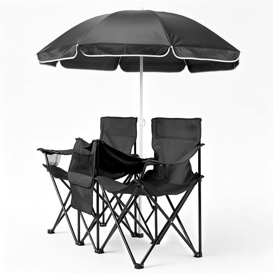 XL Double Folding Camping Chair with Removable Umbrella, Heavy Duty 480lbs Capacity Portable Love Seat with Cooler Bag, Cup Holders & Side Pocket for Beach, Fishing, Picnic, Black