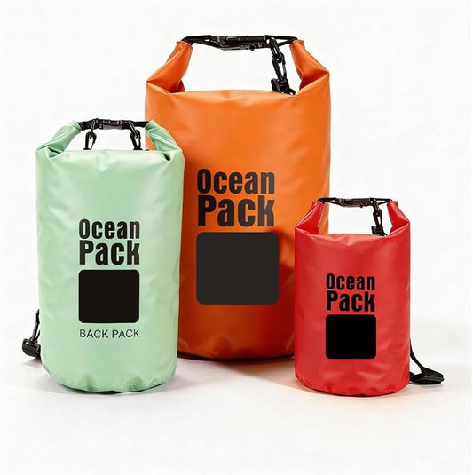Waterproof Dry Bag Backpack Set of 3 (2L 5L 10L) – PVC Roll Top Waterproof Bags for Kayaking, Camping & Travel – Floating Compression Dry Pack for Outdoor Gear (Red, Light Green, Orange)