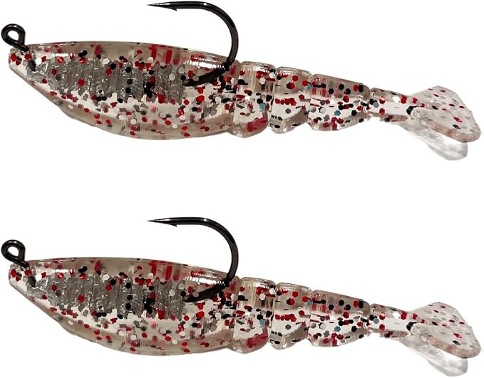 Four Horsemen Boom Boom Shrimp Plastic Bait Made in USA Saltwater Fishing Lures for Speckled Trout, Redfish - 1/8 Deathgrip Jighead Hook - Contains 2 Swimbaits