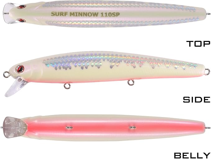 LITTMA California Surf Fishing Lures Saltwater Jerkbait Crankbait Surf Minnow 110/125 - Metallic Sardine Super Glow & Pearl Pink Belly Glow Lures for Halibut & Striper Fishing