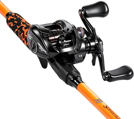 Sougayilang DC Baitcaster Combo - Digital Anti-Backlash Control, 7.2:1 Gear Ratio, 18.5LB Drag with IM7 Graphite 2-Piece Rod, EVA Handle, Stainless Steel Guides for Bass, Trout – Beginner Friendly