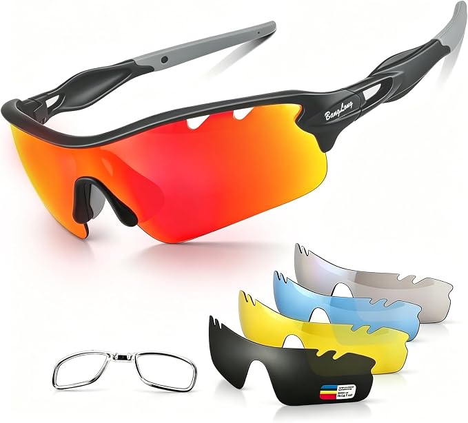 BangLong Polarized Cycling Sunglasses for Men Women, 26g Sports Sunglasses with 5 Lenses for Running Fishing Baseball Driving