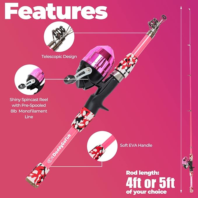 DaddyGoFish Kids Fishing Pole - Rod Reel Combo Tackle Box Starter Set - First Year Small Dock Gear Kit for Boys Girls Toddler Youth Age Beginner Little Children Junior Anglers
