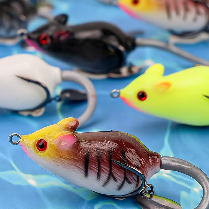 Topwater Mouse Fishing Lures, Realistic Mouse Rat Lure Baits for Bass, Trout, Catfish, Pike, Perch - Rat Lure Includes Tackle Box - Freshwater & Saltwater Angling