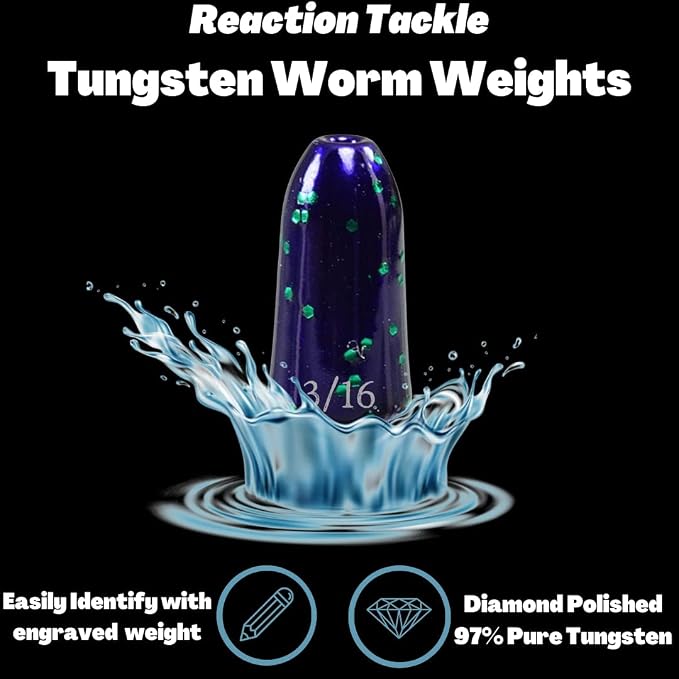 Reaction Tackle Tungsten Worm Weights for Bass Fishing - Bullet Shaped Sinkers/Fishing Weights - for Texas Rig and Carolina Rig/Size Stamped