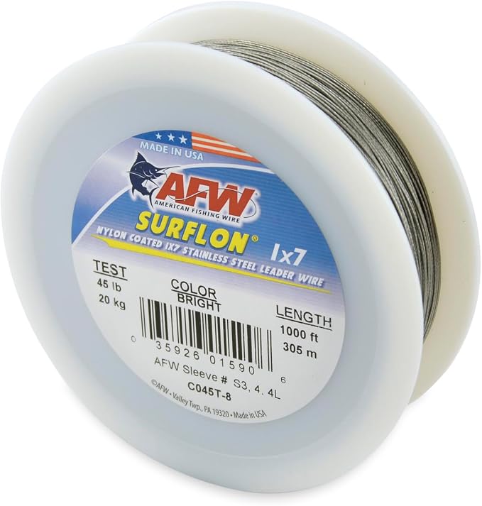 American Fishing Wire Surflon Nylon Coated 1x7 Stainless Steel Wire Leader - Wire Fishing Leader Line for Saltwater 10lb Up To 250lb Test in Bright, Black, Camo in 30ft, 100ft, 300ft, & 1000ft Lengths