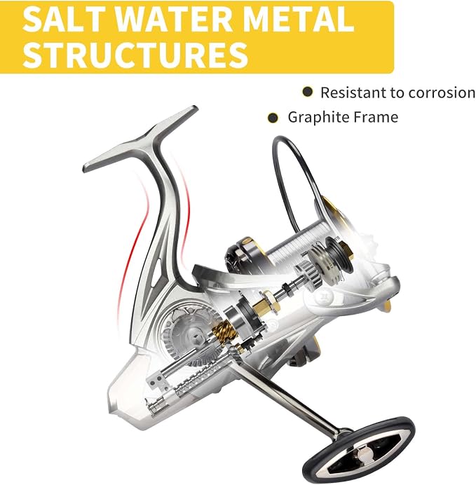 HAUT TON Spinning Reel 8000/9000/10000/12000/14000,6+1BB Metal Surf Fishing Reels,4.8:1 Gear Ratio 55lbs Drag Heavy Long Casting Inshore Saltwater Monster Fish