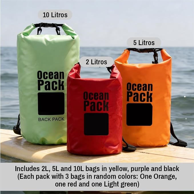 Waterproof Dry Bag Backpack Set of 3 (2L 5L 10L) – PVC Roll Top Waterproof Bags for Kayaking, Camping & Travel – Floating Compression Dry Pack for Outdoor Gear (Red, Light Green, Orange)